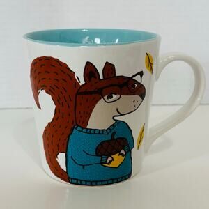 CARIBOU COFFEE Fall Themed Mug 14 oz Squirrel & Acorn Design 2016 White Aqua